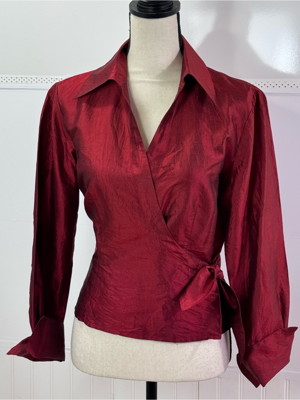 Vintage Sunny Leigh Silk Wrap Blouse Burgundy Quiet Luxury Y2K Size 10
